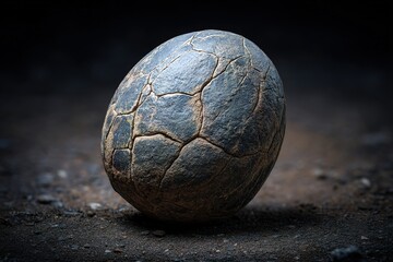Poster - Unique textured stone rests on dusty ground illuminated by soft light in a dark environment