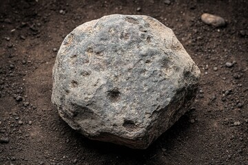 Poster - Unique textured rock resting on dark soil, showcasing natural patterns and earthy colors in an outdoor setting