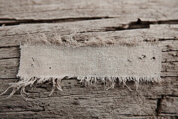 Poster - Tattered fabric strip placed on weathered wooden surface showcasing rustic textures and earthy colors in natural light