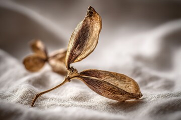 Poster - Dried seed pods resting on soft fabric create a delicate, natural composition, showcasing intricate textures and earthy tones
