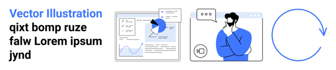Poster - user analyzing data on a dashboard and reflecting communication dialogue, growth charts, circular pr