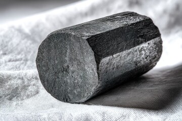 Poster - Charcoal piece rests on white fabric, showcasing its dark texture and cylindrical shape under soft lighting