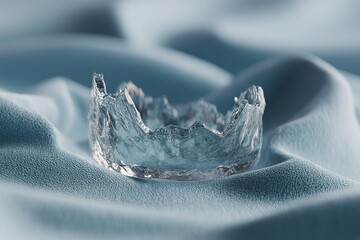 Poster - Unique glass crown resting on soft blue fabric with intricate details highlighted by soft light