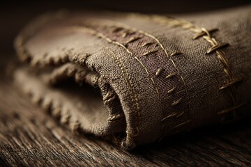 Poster - Hand-stitched fabric displaying intricate craftsmanship on a wooden surface in natural light