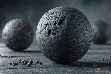 Poster - Unique volcanic stones scattered on a textured surface, showcasing natural patterns and formations in a dimly lit environment