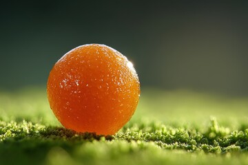 Poster - Bright orange sphere resting on lush green moss under natural light at dawn
