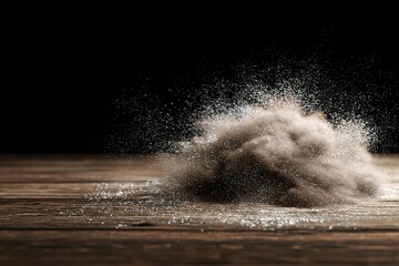 Poster - Dust cloud forms on wooden surface during movement or disturbance in a low-light environment