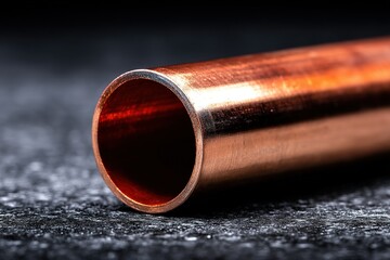 Poster - Close-up view of a polished copper tube highlighting its smooth surface and inner reflection on a textured dark background