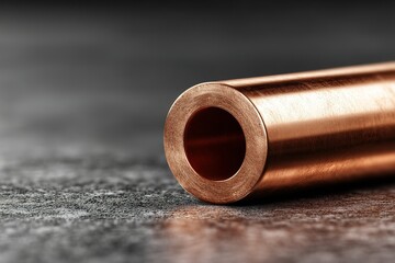 Poster - Copper tube lying on a textured surface with sharp lighting highlighting its details