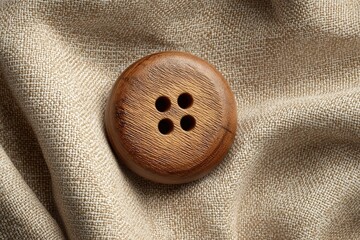 Poster - Close-up of a handcrafted wooden button resting on textured fabric in natural lighting