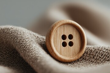 Poster - Detailed wooden button resting on soft fabric with textured surface during daylight
