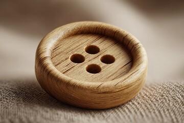 Poster - Wooden button resting on textured fabric surface highlighting craftsmanship and design details