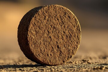 Poster - Unique round object with textured surface resting on a sandy ground under warm sunlight during the late afternoon