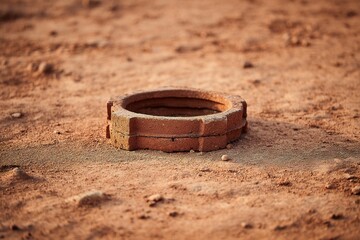 Poster - Cylindrical brick structure resting on sandy ground under warm sunlight in an outdoor setting at midday