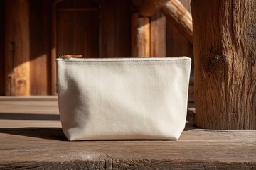 Poster - Neutral canvas pouch resting on wooden surface in natural light showcasing minimalistic design and earthy tones