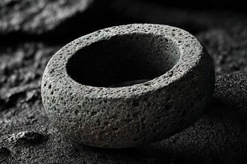 Poster - Unique volcanic stone ring resting on textured dark rock surface in natural light