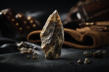 Poster - Unique textured stone resting on a dark surface alongside leather objects and small pebbles in an artistic arrangement