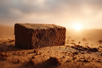 Poster - Sturdy brown brick resting on sandy terrain during golden hour light in an open landscape