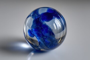 Poster - Blue glass marble with swirling patterns reflecting light indoors
