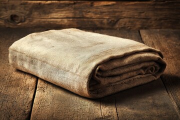 Poster - Folded canvas fabric resting on a wooden surface during a rustic setting