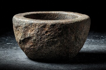 Poster - Ancient stone bowl showcasing unique texture and craftsmanship, illuminated in dim light for dramatic effect