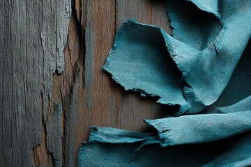 Poster - Textile draped over rustic wooden surface highlighting texture and color contrast in a close-up setting