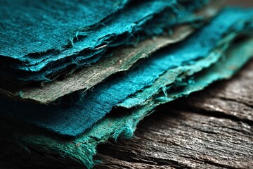 Poster - Colorful layers of textured handmade paper resting on a rustic wooden surface