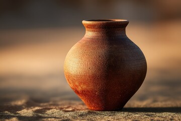 Poster - Clay pottery resting on a sandy surface highlighting craftsmanship and natural materials in soft evening light