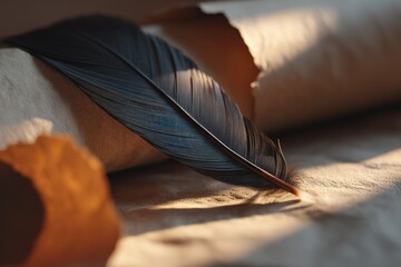 Poster - Delicate black feather resting on crumpled brown parchment in soft light