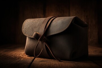 Poster - Leather pouch resting on wooden surface with dramatic lighting highlighting its texture and craftsmanship