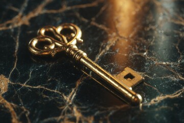 Poster - Elegant vintage key resting on a dark marble surface with intricate patterns