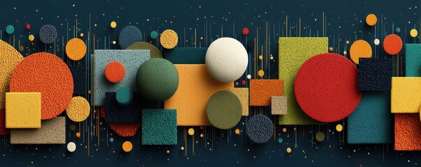 Poster - colorful abstract geometric composition with circles and squares on a dark background