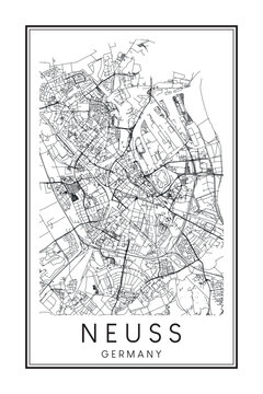 Hand drawn printable downtown road map poster of the German city of NEUSS on solid white background with city name