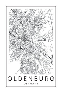 Hand drawn printable downtown road map poster of the German city of OLDENBURG on solid white background with city name