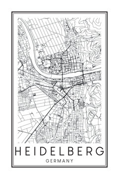 Hand drawn printable downtown road map poster of the German city of HEIDELBERG on solid white background with city name