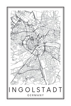 Hand drawn printable downtown road map poster of the German city of INGOLSTADT on solid white background with city name