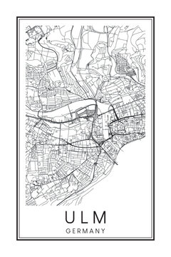 Hand drawn printable downtown road map poster of the German city of ULM on solid white background with city name