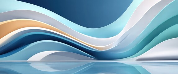Poster - Abstract wavy design with soft gradients in blue tones and reflections