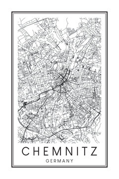Hand drawn printable downtown road map poster of the German city of CHEMNITZ on solid white background with city name