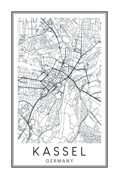 Hand drawn printable downtown road map poster of the German city of KASSEL on solid white background with city name