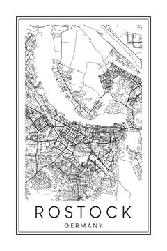 Hand drawn printable downtown road map poster of the German city of ROSTOCK on solid white background with city name