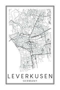 Hand drawn printable downtown road map poster of the German city of LEVERKUSEN on solid white background with city name