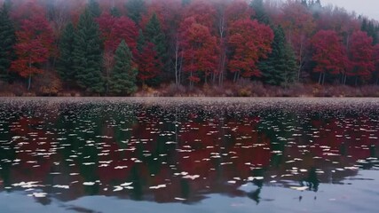 Poster - Autumn lake serenity with red foliage and calm water, forest reflection, peaceful mood, simple composition, pine trees