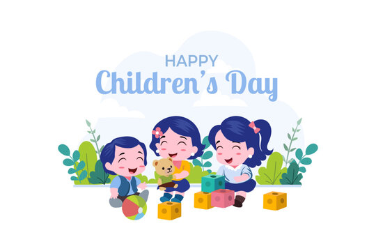 Happy children's day background poster with happy kids vector illustration
