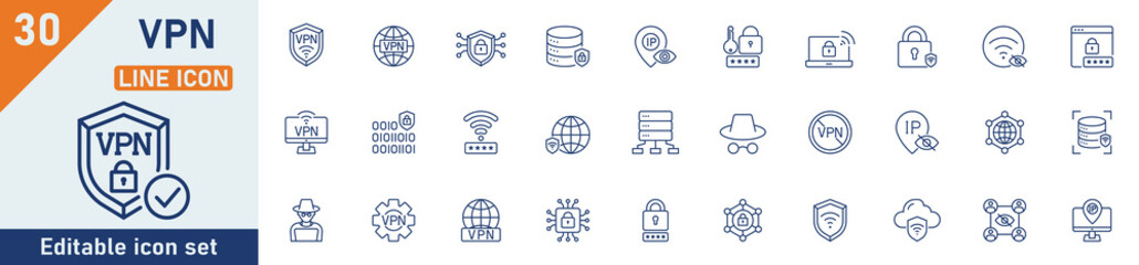 Wall Mural - vpn line icon set. set of 30 outline icons related to cybersecurity, server, vpn, encrypted, passwor