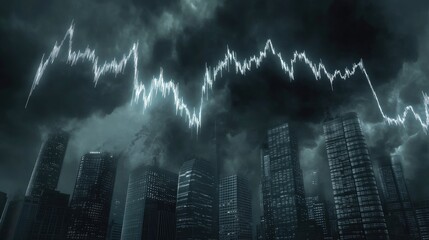 Poster - Dark storm clouds over city skyline with overlay of falling stock market graphs