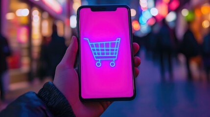 Poster - Floating holographic cart icon over phone in hands symbolizing futuristic digital shopping