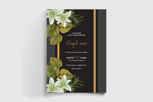 WEDDING INVITATION FRAME WITH FLOWER DECORATIONS AND FRESH LEAVES