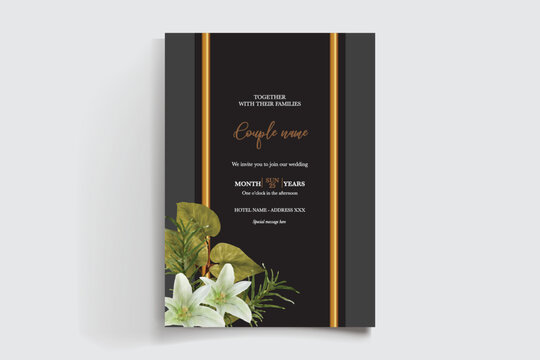 WEDDING INVITATION FRAME WITH FLOWER DECORATIONS AND FRESH LEAVES