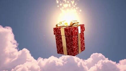Aufkleber - Heavenly gift present red box with gold ribbon and bow floating above clouds, glowing magical sky, fantasy atmosphere